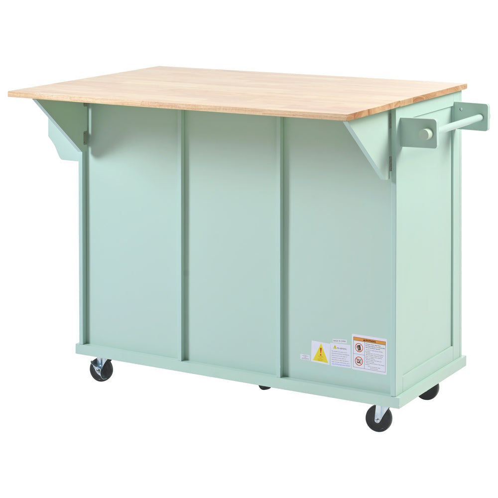 Mint Green Kitchen Island on Wheels with Drop-Leaf Countertop & Storage