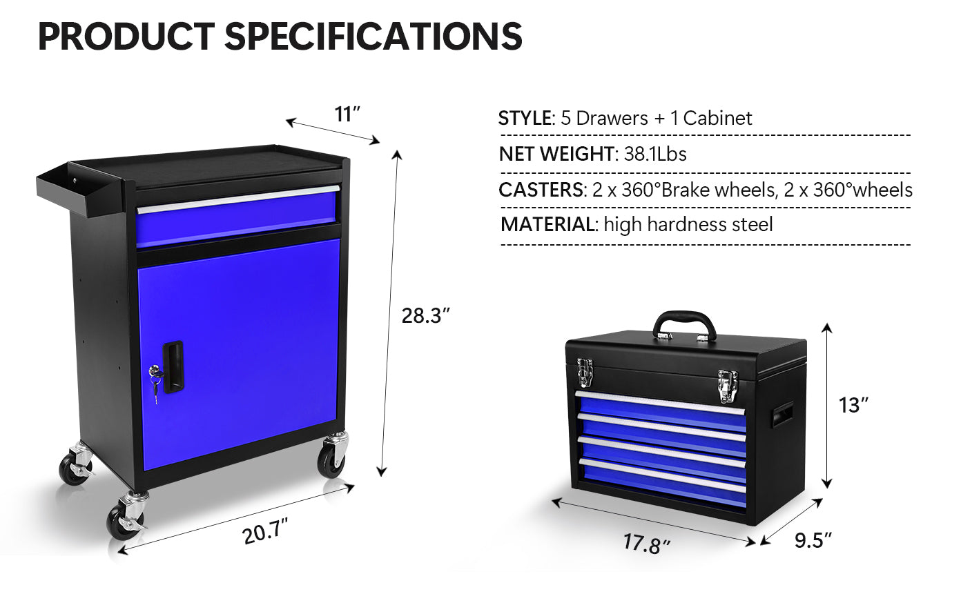 Rolling Tool Chest with Lockable Wheels & Organizer