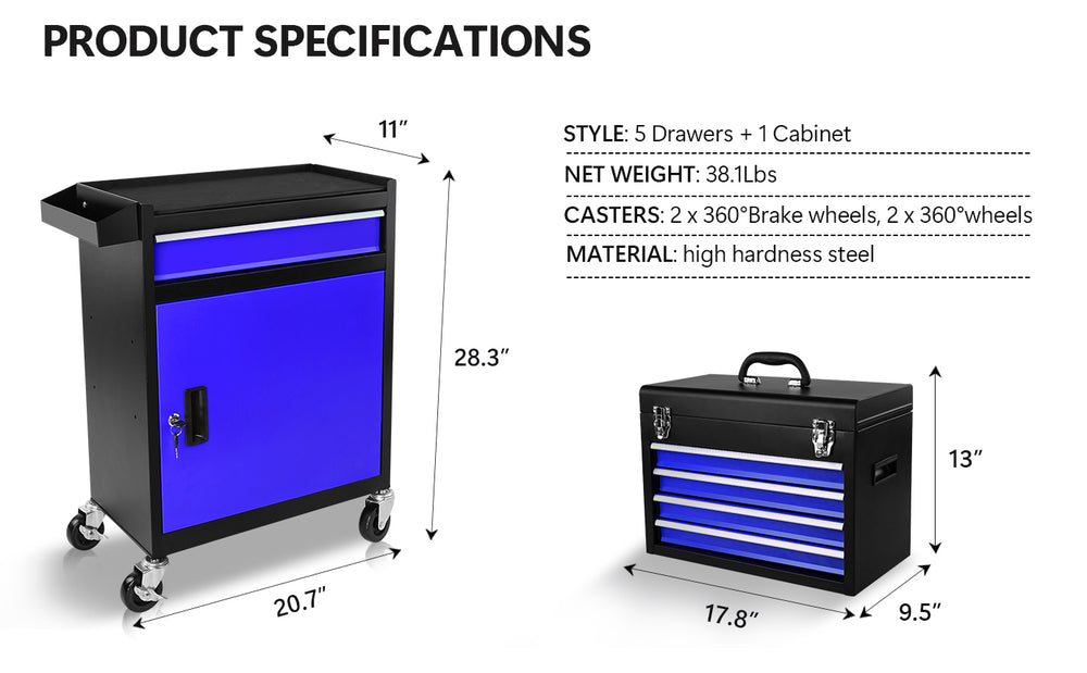 Rolling Tool Chest with Lockable Wheels & Organizer