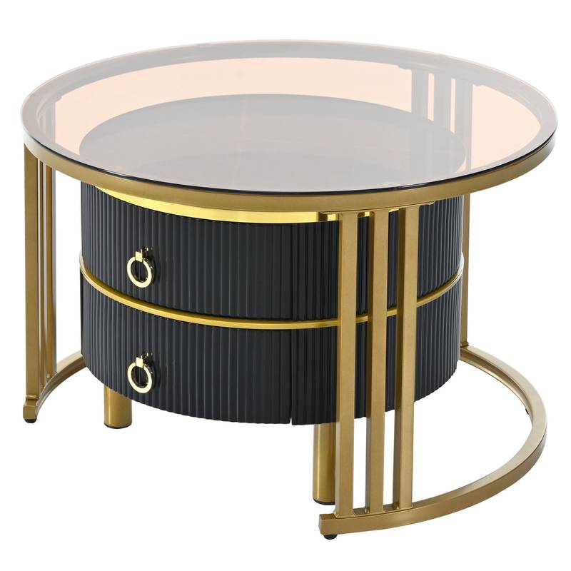 Chic Nesting Coffee Tables with Drawers - Sleek Round Design in Black and Brown Glass