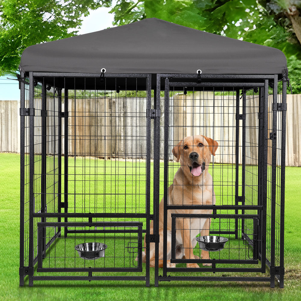 Ultimate Outdoor Dog Retreat: Sturdy, Waterproof Kennel with Lockable Roof & Feeding Bowls