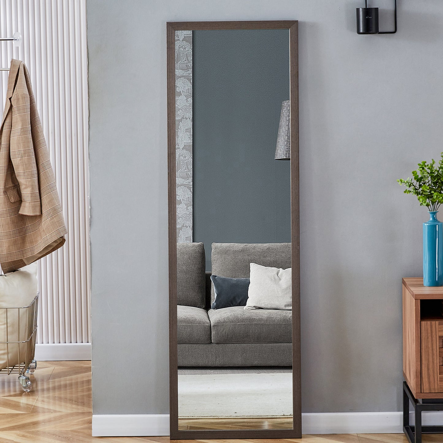 Elegant Gray Wood Framed Full-Length Mirror