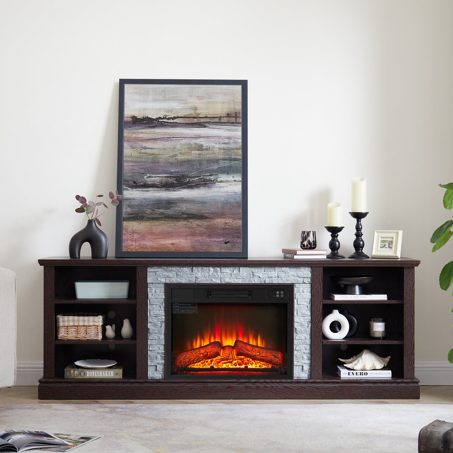 Cozy Cherry TV Stand with Faux Stone and Fireplace