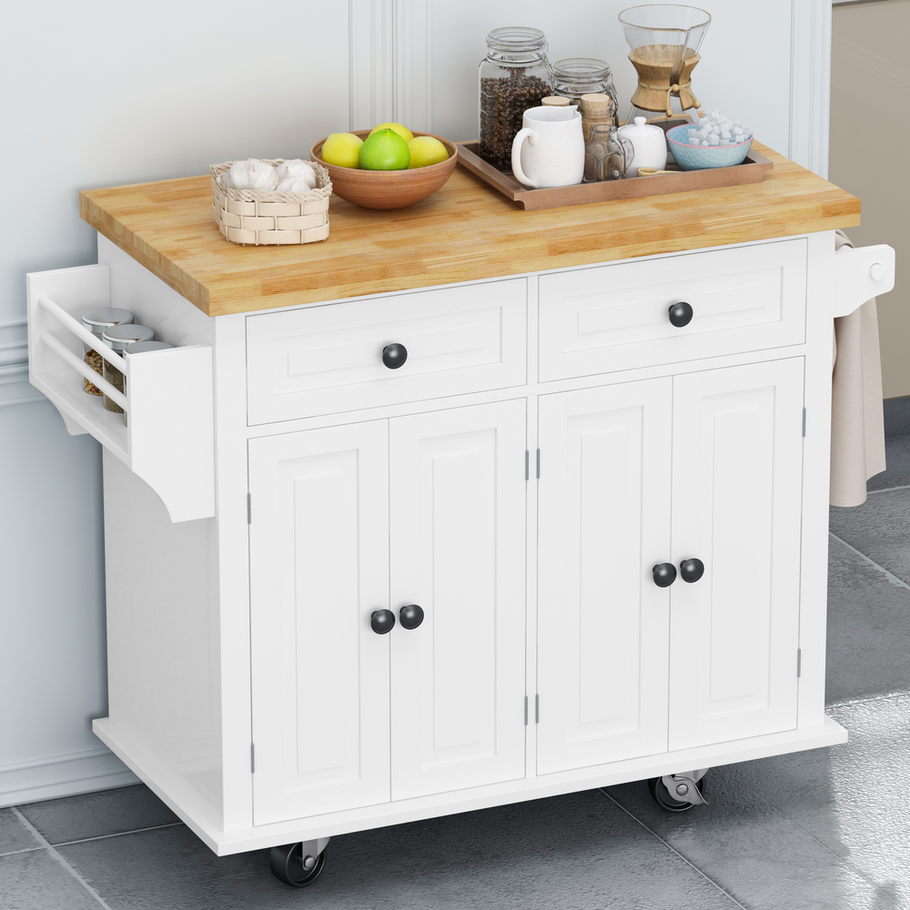 Versatile White Kitchen Island Cart with Storage & Locking Wheels