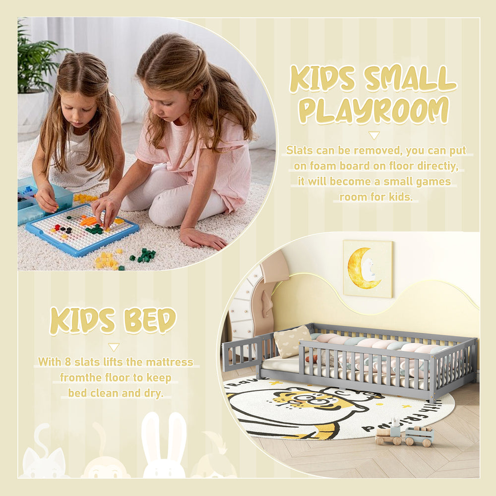 Cozy Kids' Twin Floor Bed with Safety Rails and Door - Gray