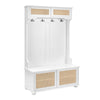 “Chic White Entryway Bench with Rattan Shelves and Shoe Storage”