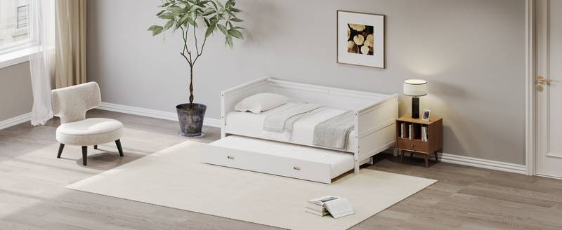 Space-Saving White Twin Daybed with Trundle for Kids & Teens