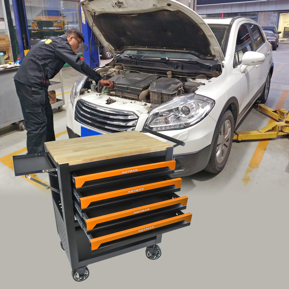 Orange Multi-Use Tool Cart with Wheels and Wooden Top