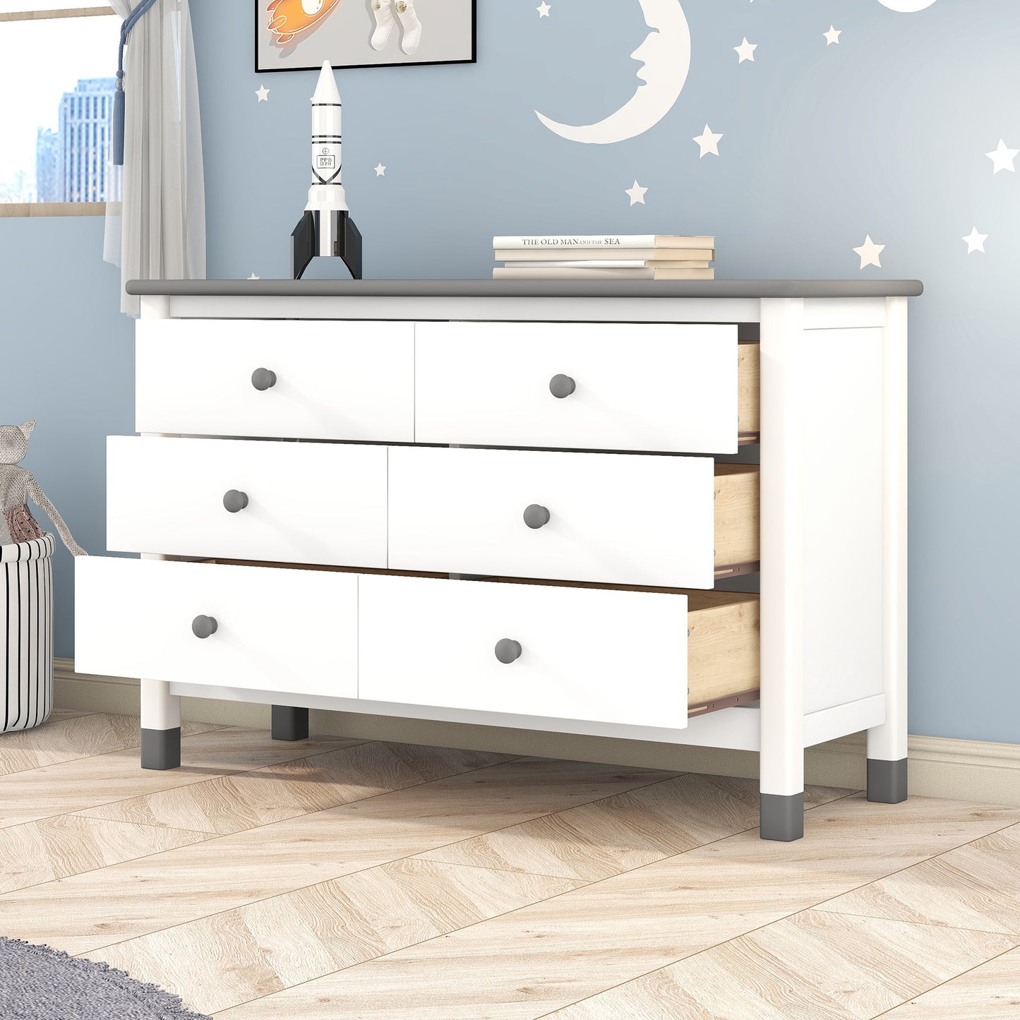 Charming Kids' Wooden Dresser with Six Drawers - White & Gray Storage Delight