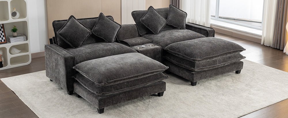 Cozy Black Chenille Sectional Sofa with Ottomans and USB Ports