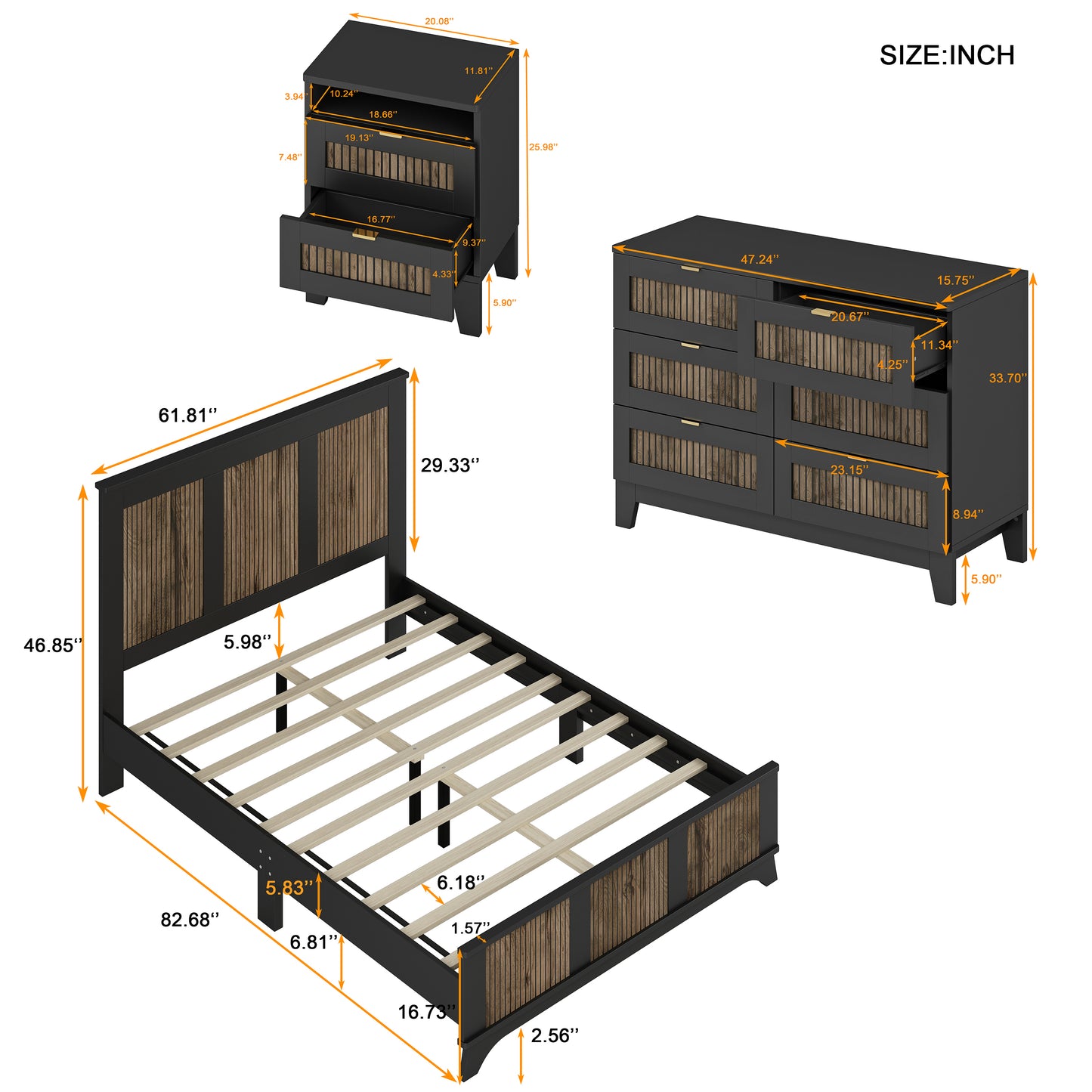 Farmhouse Queen Bedroom Set – Chic Bed, Nightstand, & Dresser