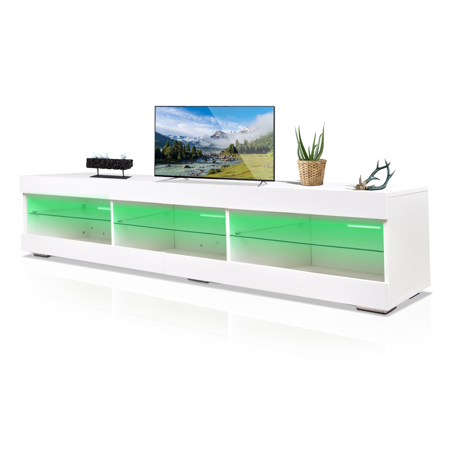 Sleek LED TV Stand with Glass Shelves and Storage