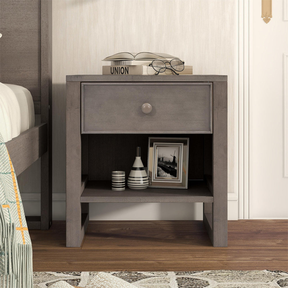 Charming Gray Wooden Nightstand with Drawer and Open Shelf