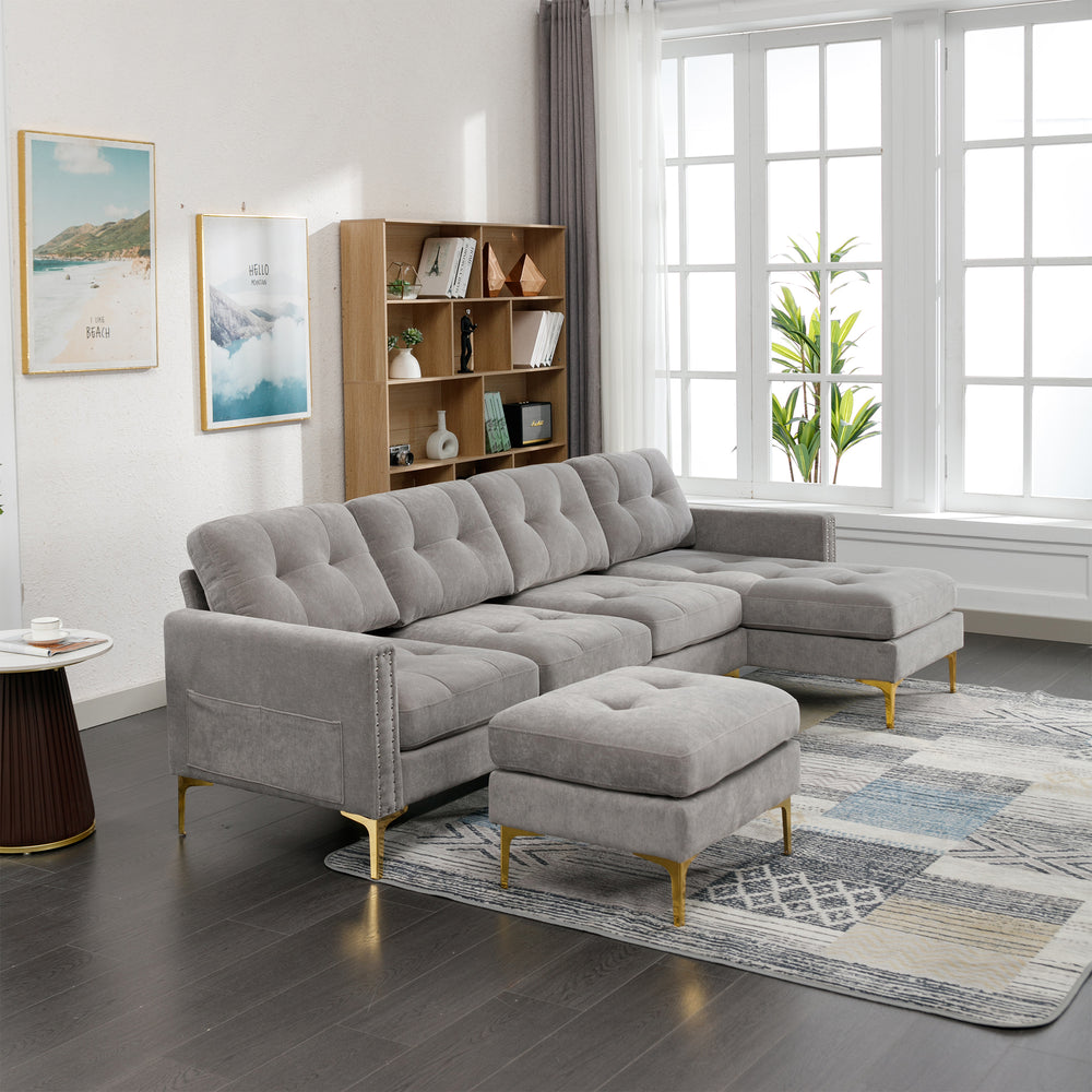 Cozy L-Shaped Sectional Sofa with Movable Ottoman - Light Grey