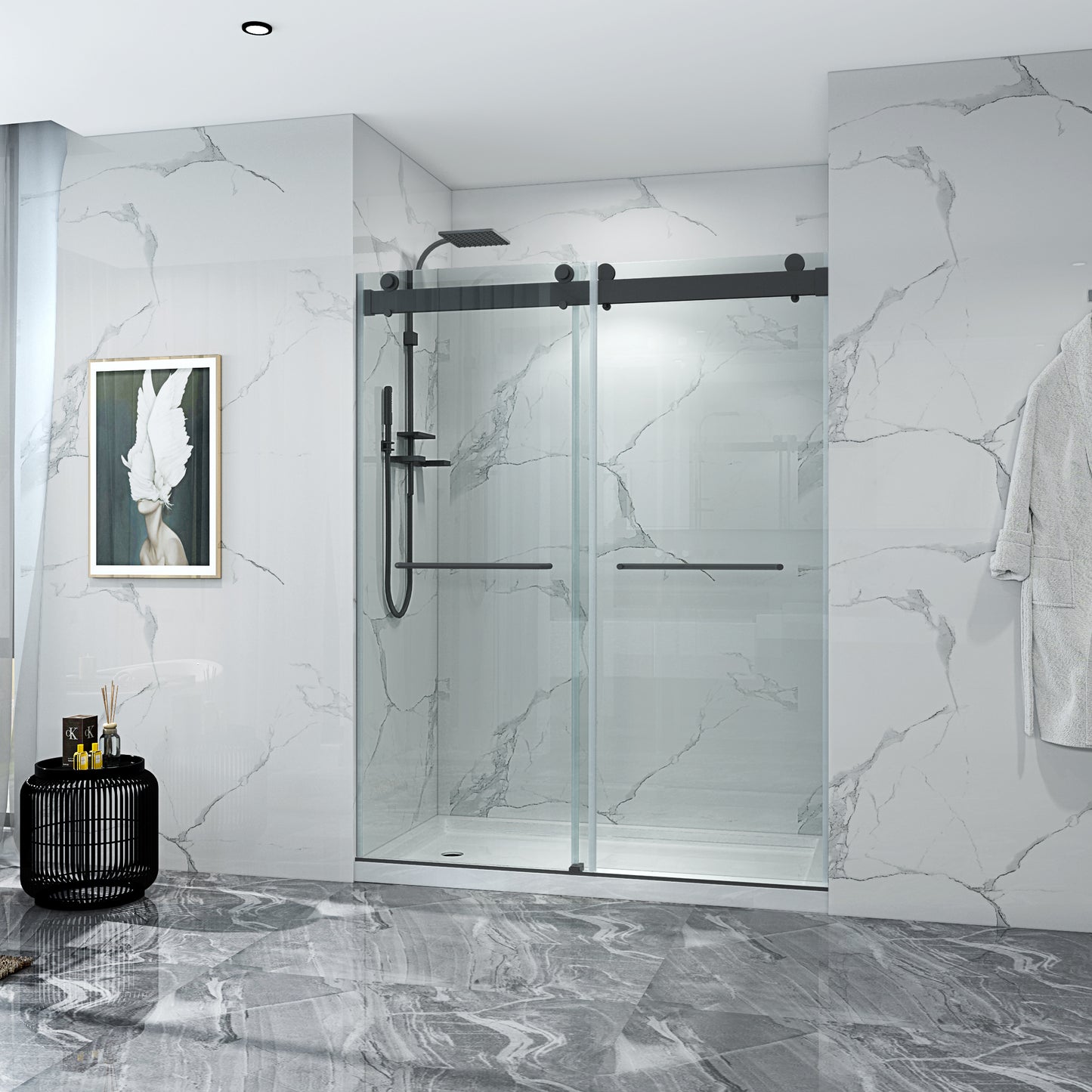 Sleek Matte Black Double Sliding Shower Door with Soft-Close and Clear Glass