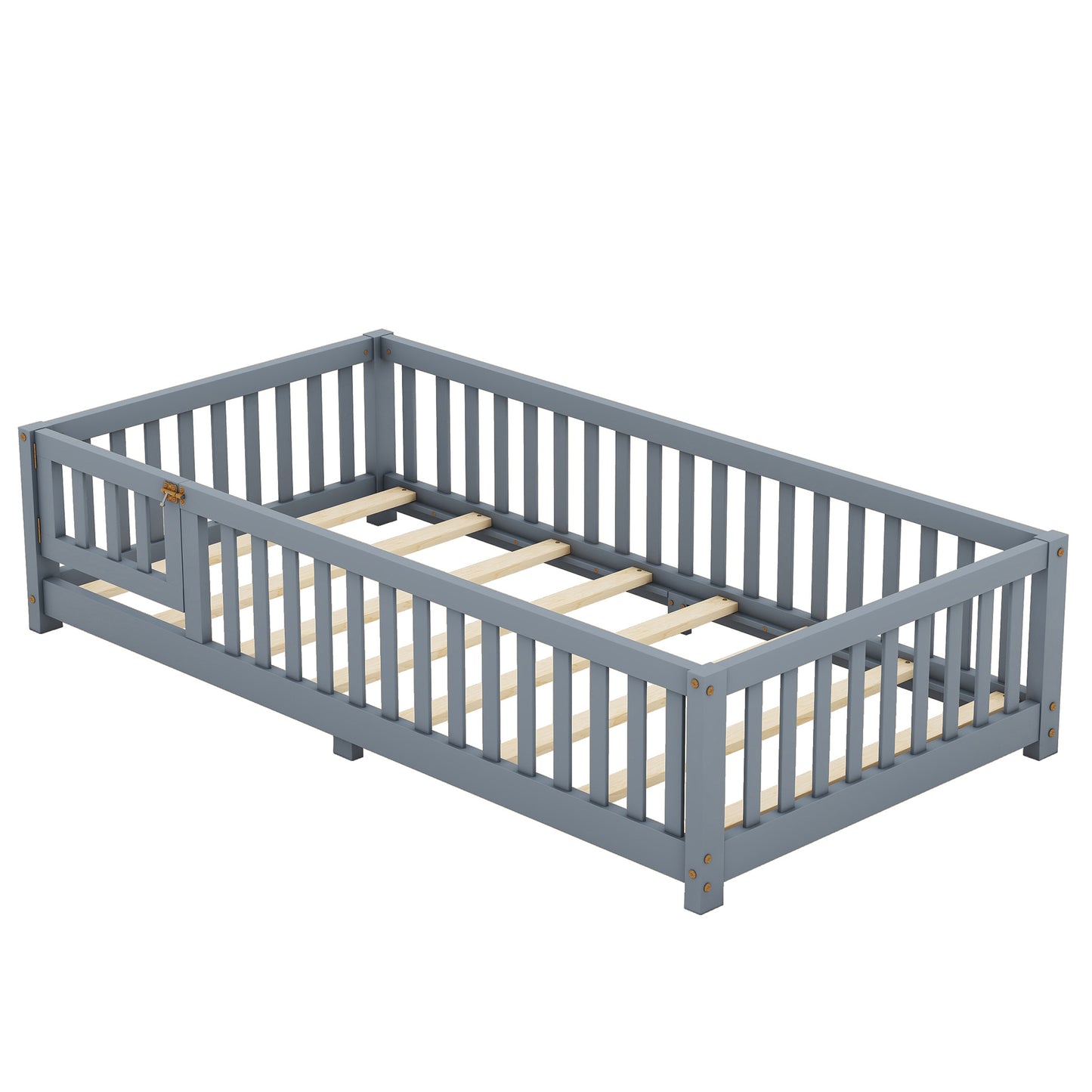 Cozy Kids' Twin Floor Bed with Safety Rails and Door - Gray