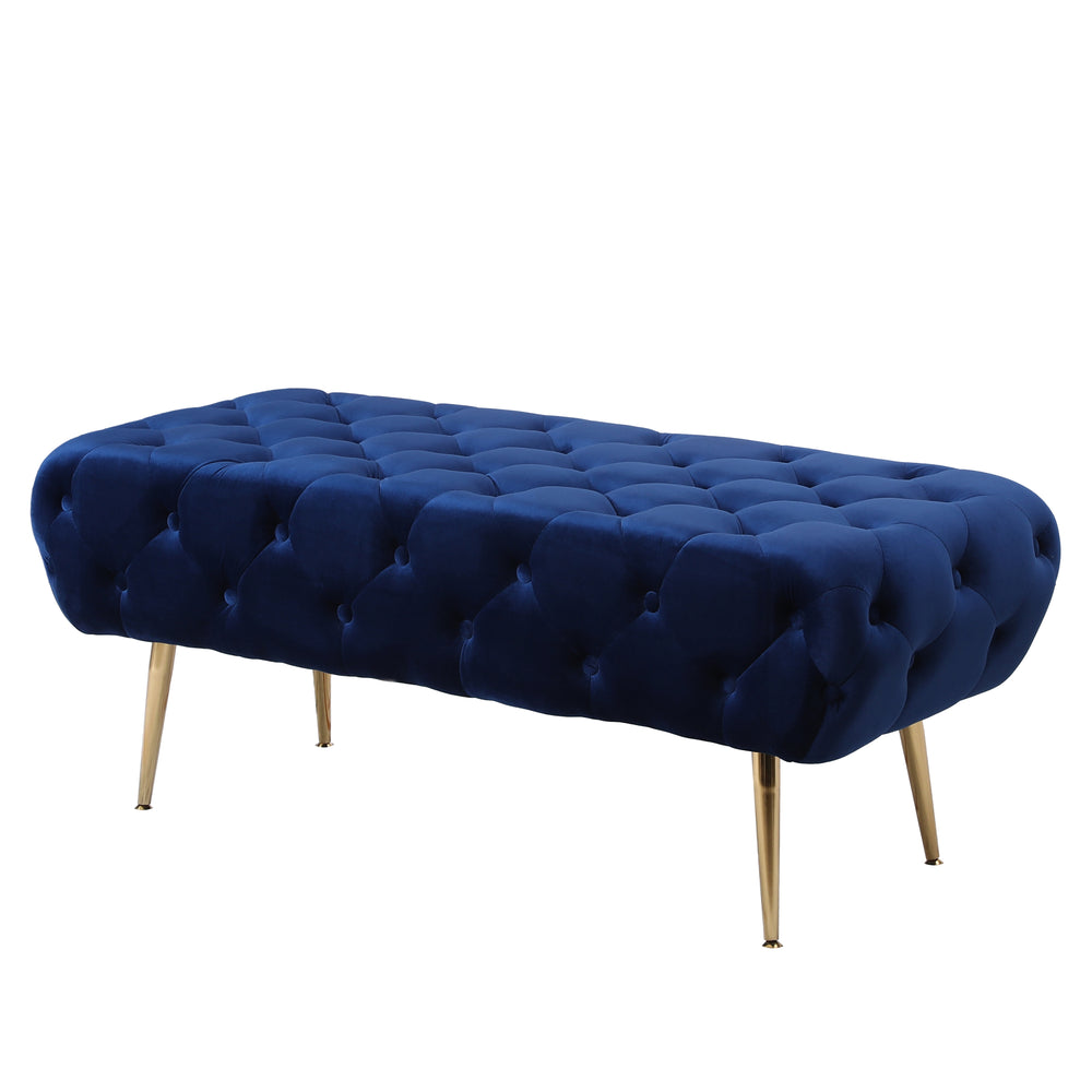 Chic Blue Velvet Bench with Gold Legs