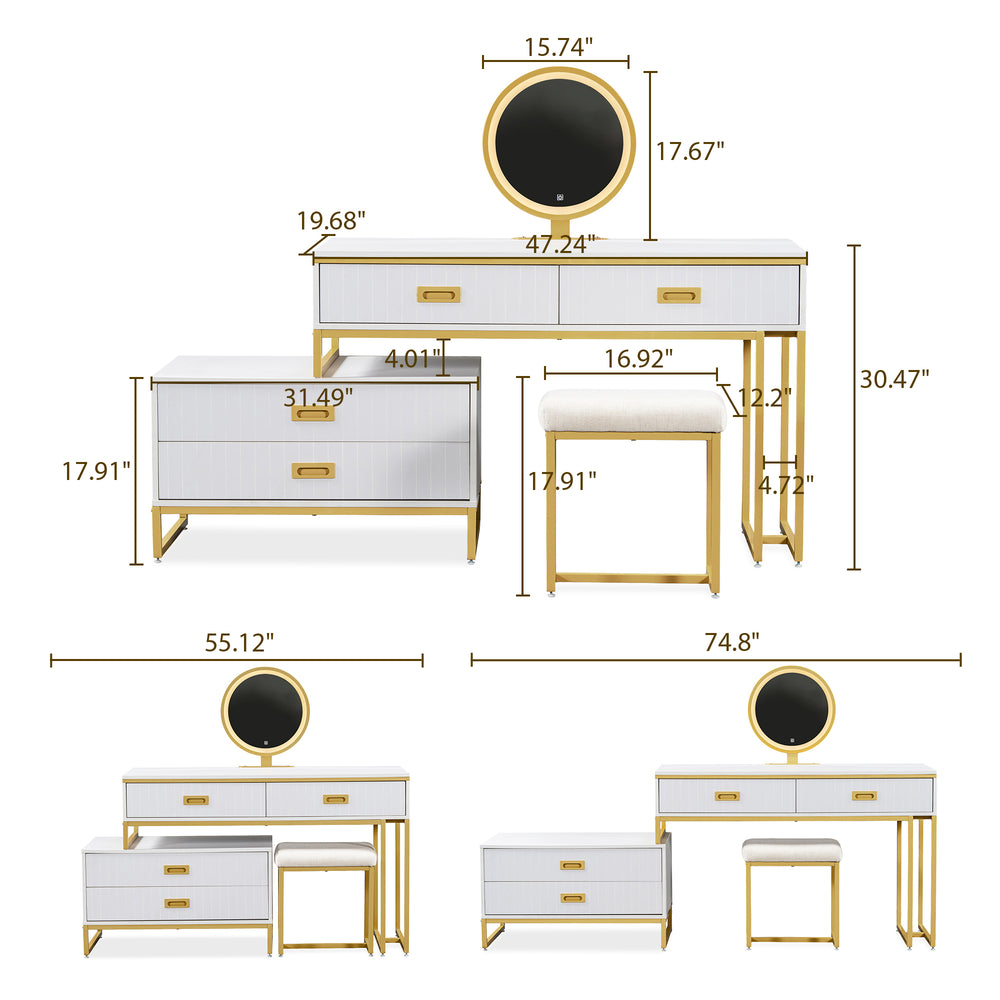 Chic Makeup Vanity with LED Light and Movable Cabinet