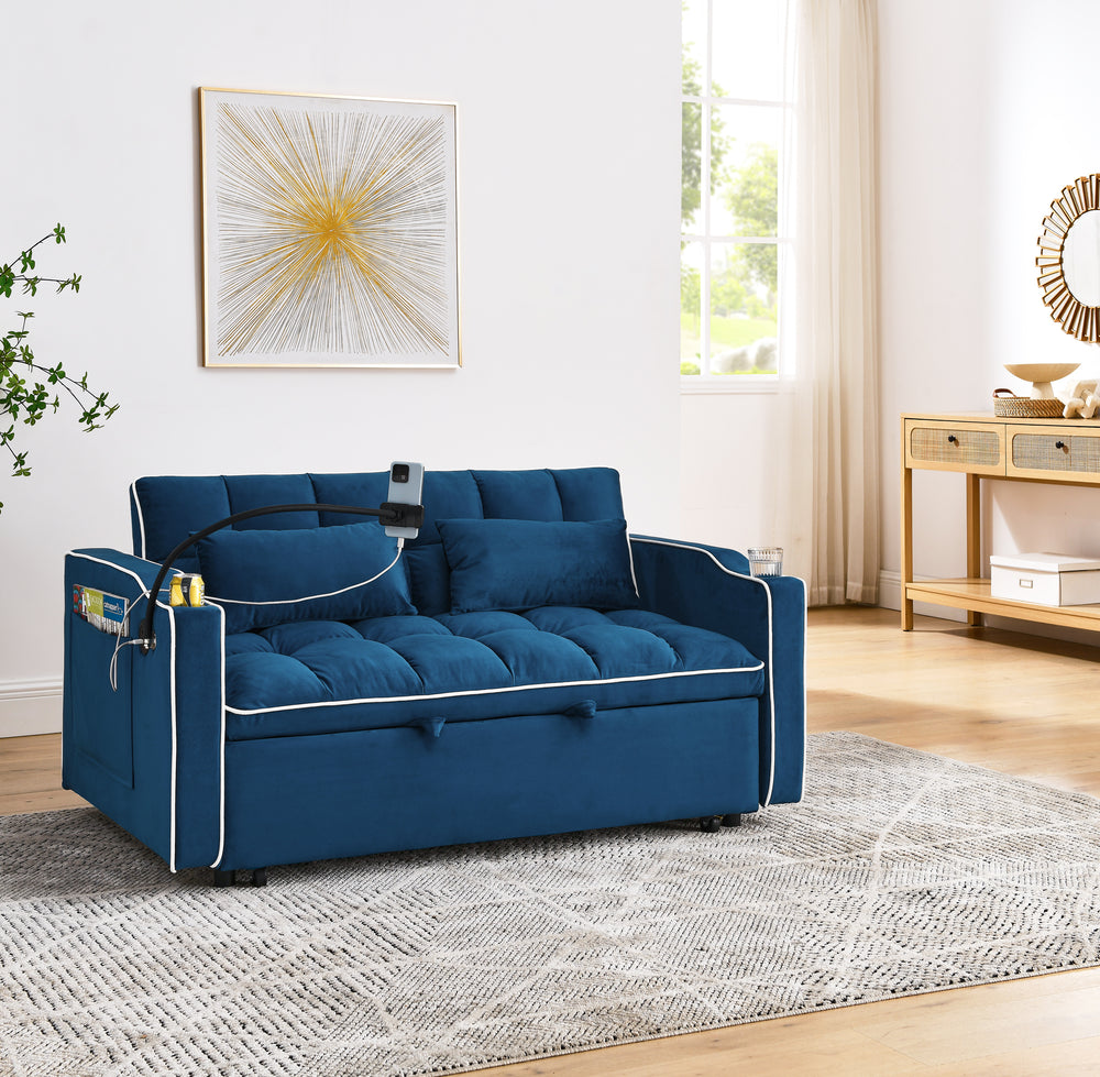 Blue Velvet Dream Sofa Bed: Foldable, Adjustable & USB-Ready