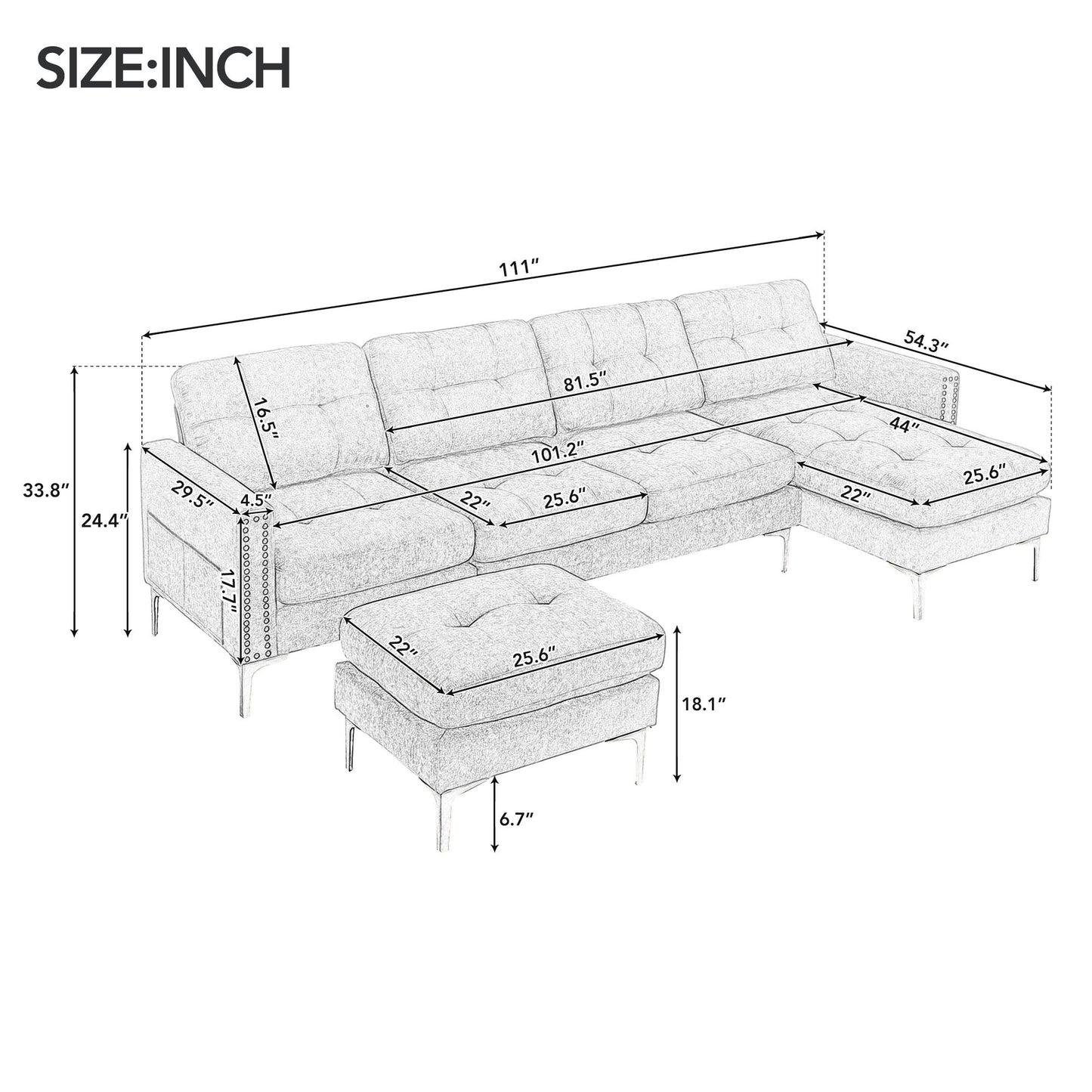 Cozy L-Shaped Sectional Sofa with Movable Ottoman - Light Grey