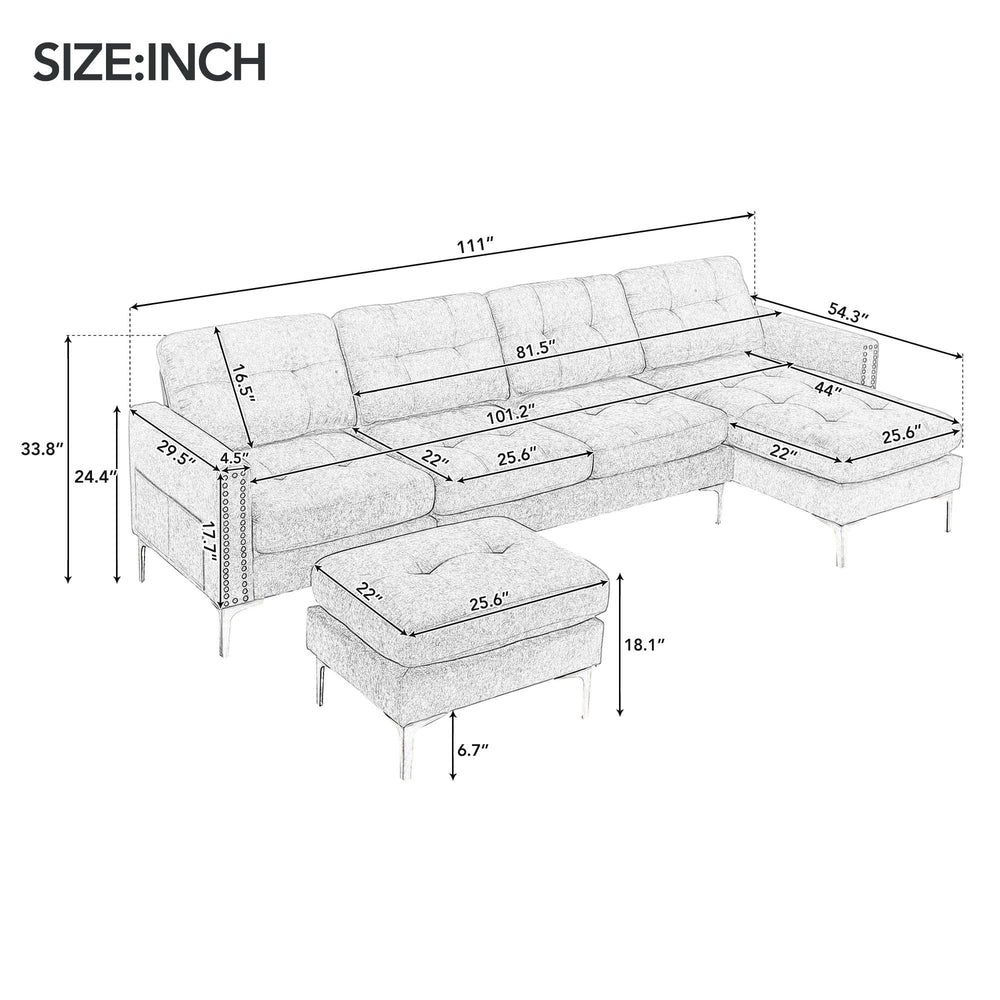 Cozy L-Shaped Sectional Sofa with Movable Ottoman - Light Grey