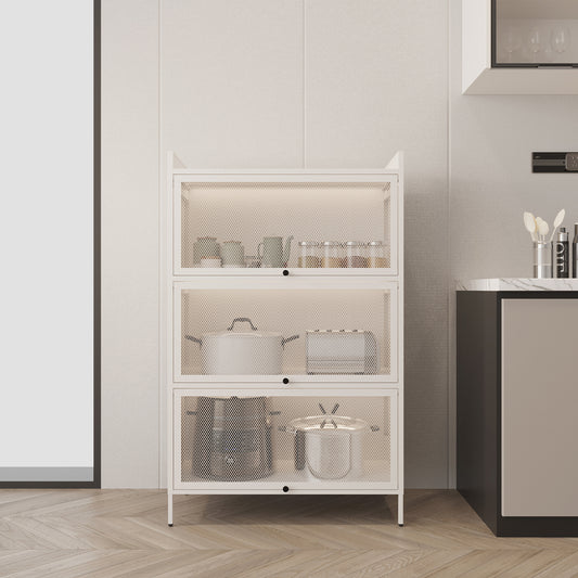 Stylish White Pantry Cabinet with Sleek Retractable Doors