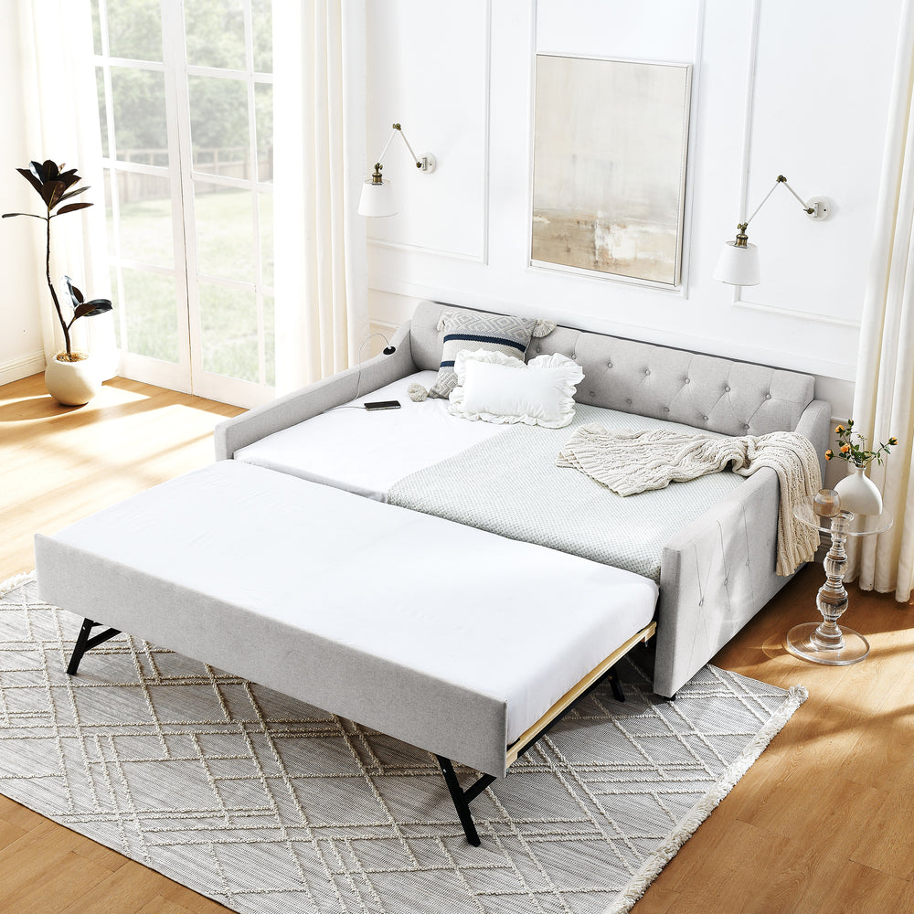 Cozy Linen Daybed with Hidden Trundle and USB Charging