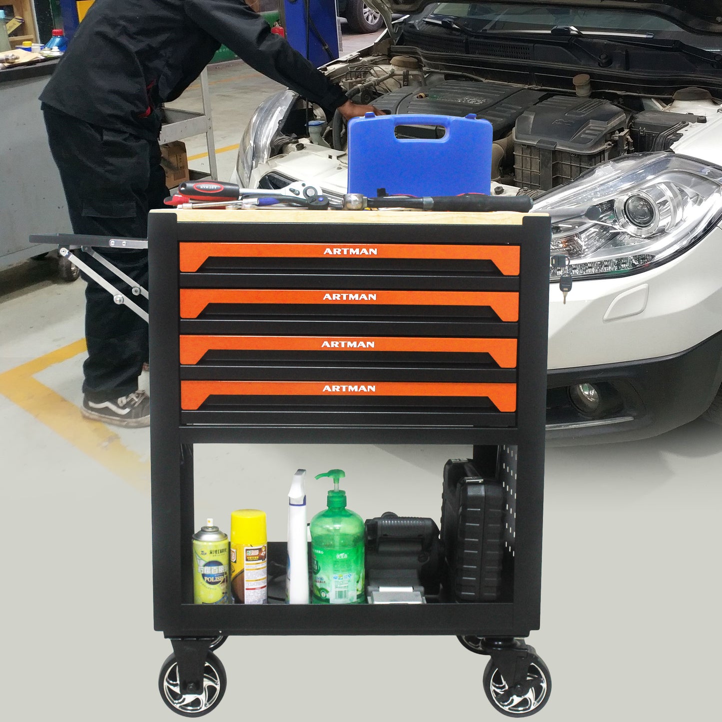 Orange Multi-Use Tool Cart with Wheels and Wooden Top