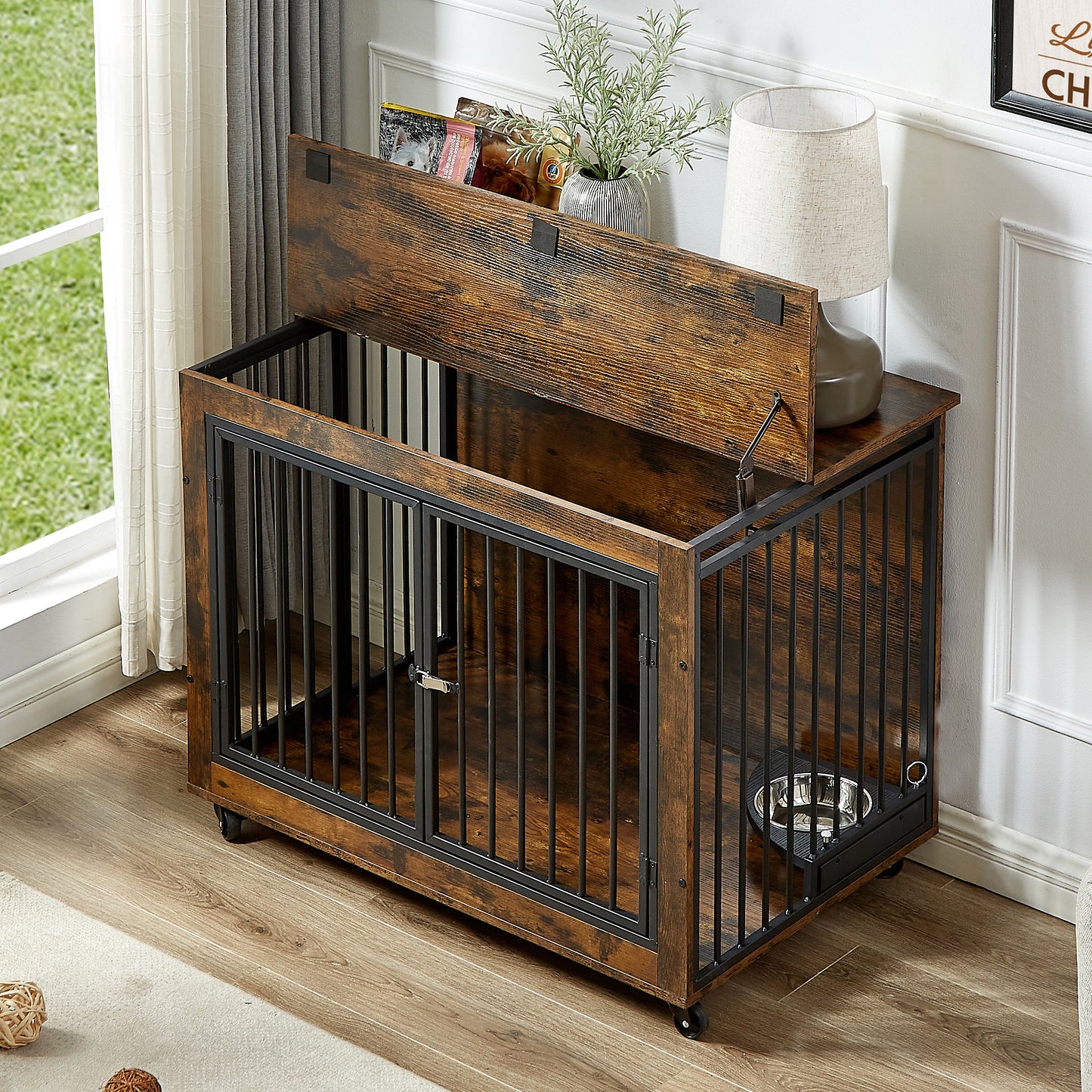 Rustic Dog Crate Side Table with Rotating Bowl and Wheels