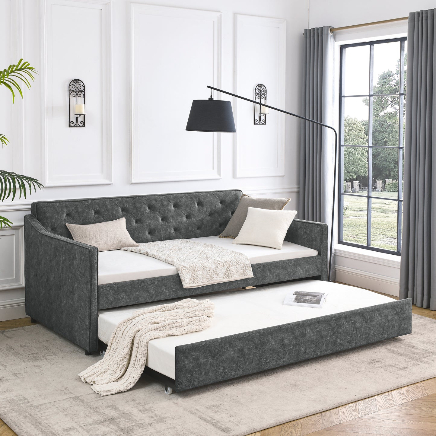 Cozy Grey Daybed with Trundle & Tufted Arms