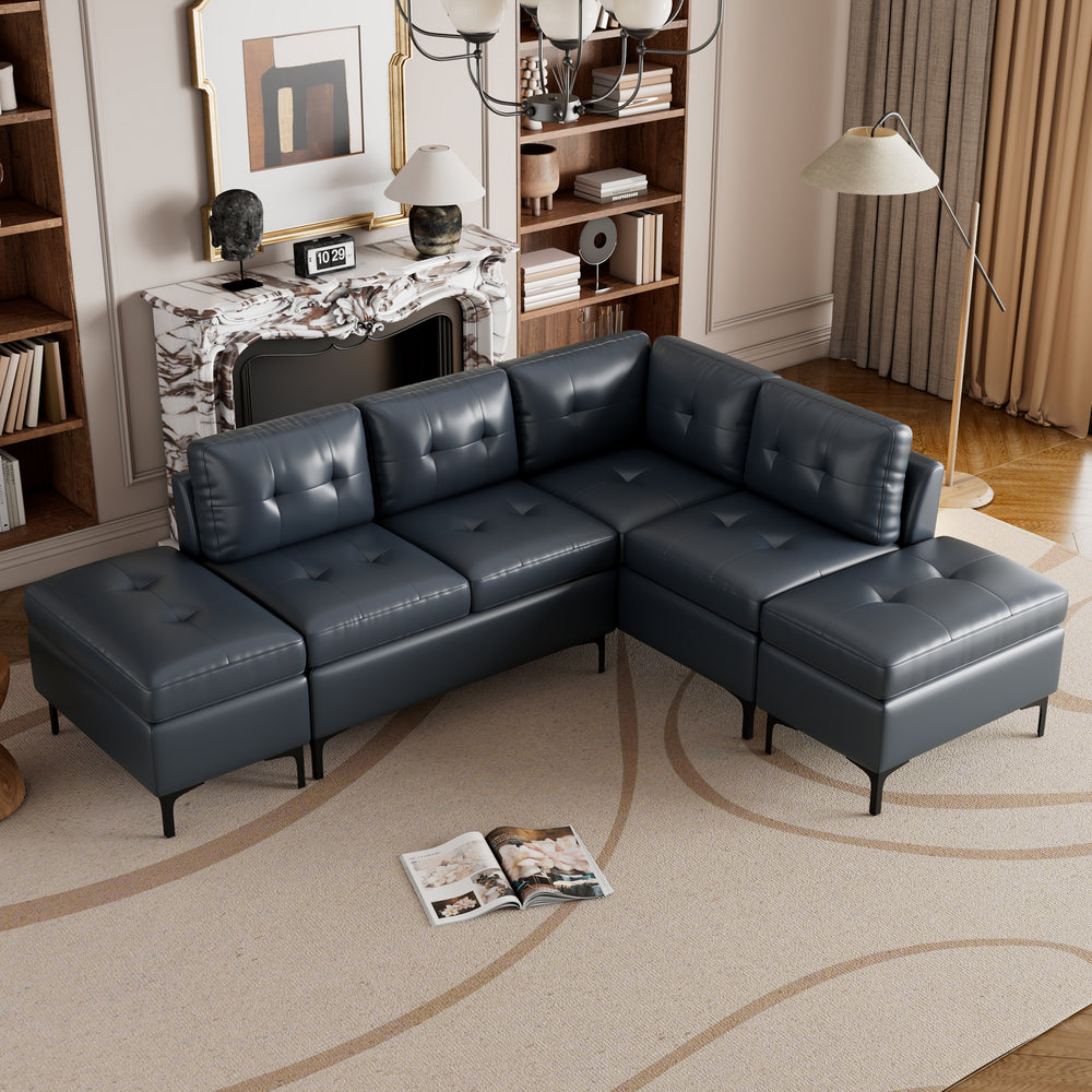 Cozy Blue L-Shaped Corner Sofa with Storage Ottomans