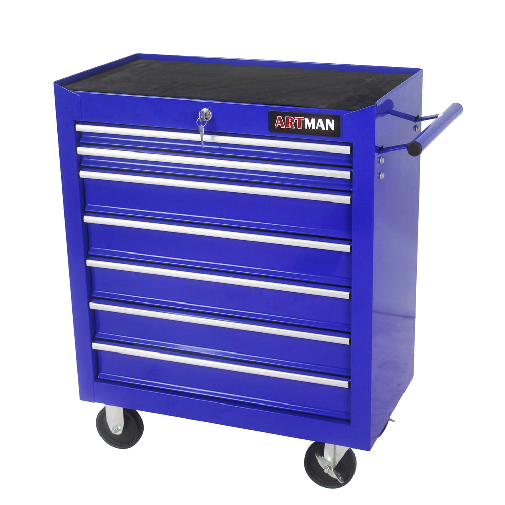 Blue Rolling Tool Cart with Seven Spacious Drawers