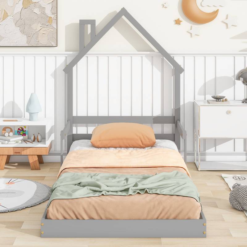 Cozy Twin House Bed with Handrails - Grey