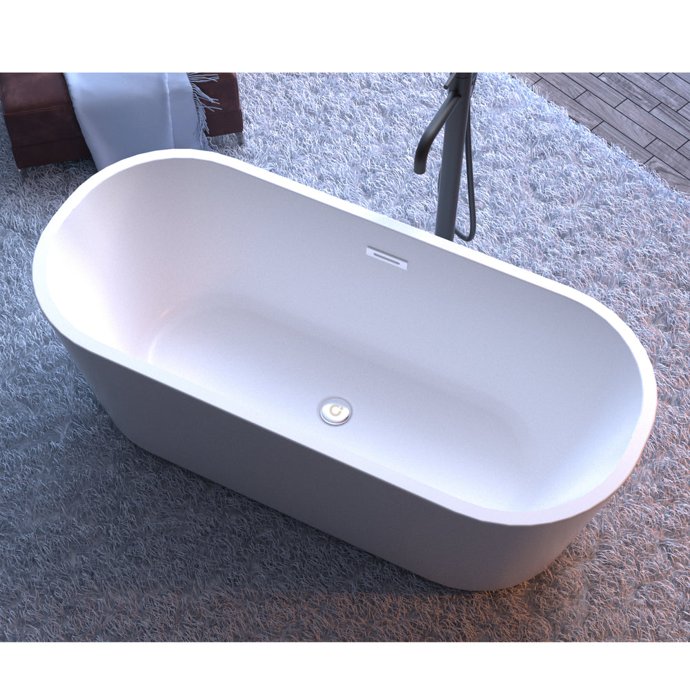 Chic White Freestanding Soaking Tub with Sleek Drain