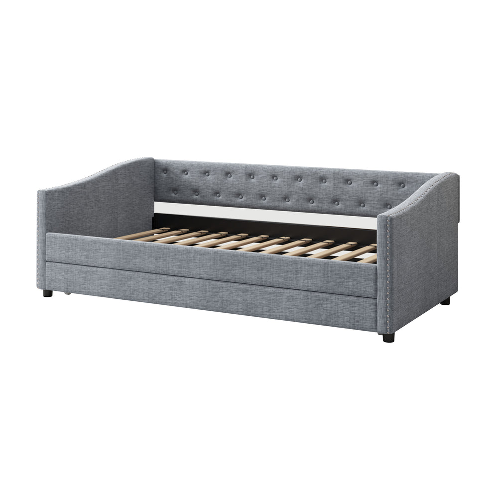 Cozy Grey Twin Daybed with Trundle and Tufted Charm