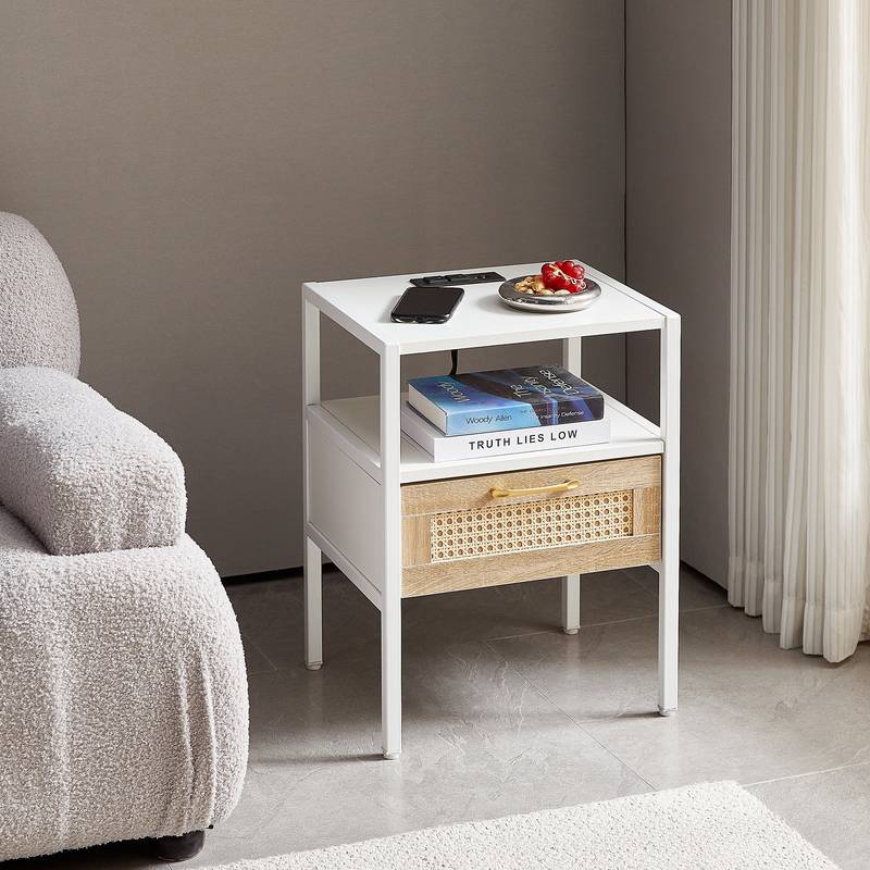 Chic Rattan Side Tables with USB Power and Storage