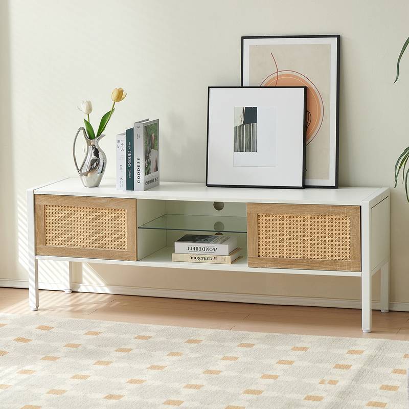 Luminous Rattan TV Stand with Sliding Doors
