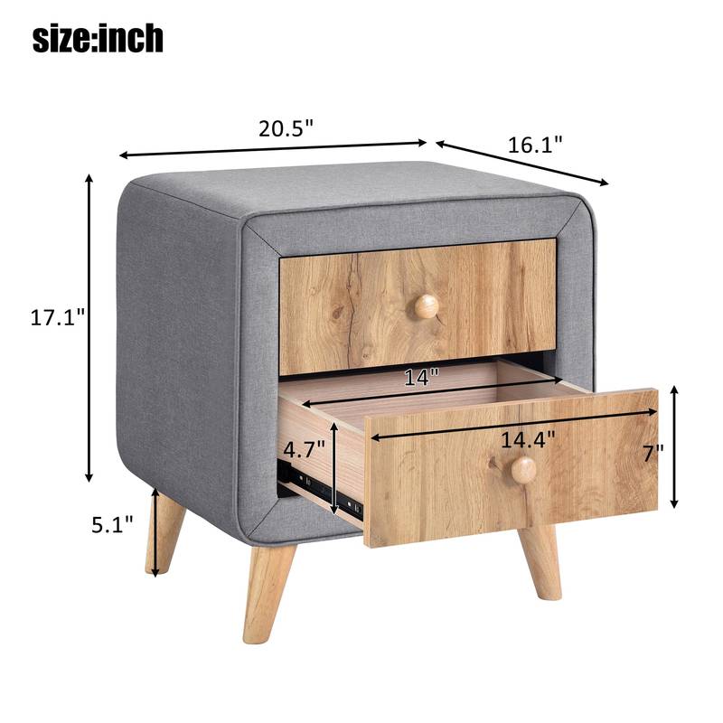 Gray Upholstered Nightstand with Drawers