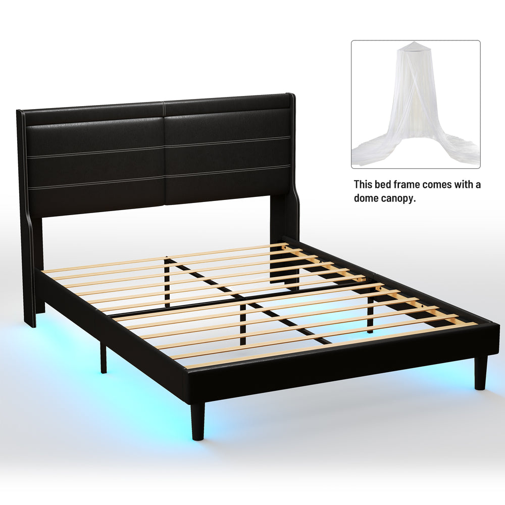 Luxurious Black Queen Bed with LED Lights and Wing-Back Headboard