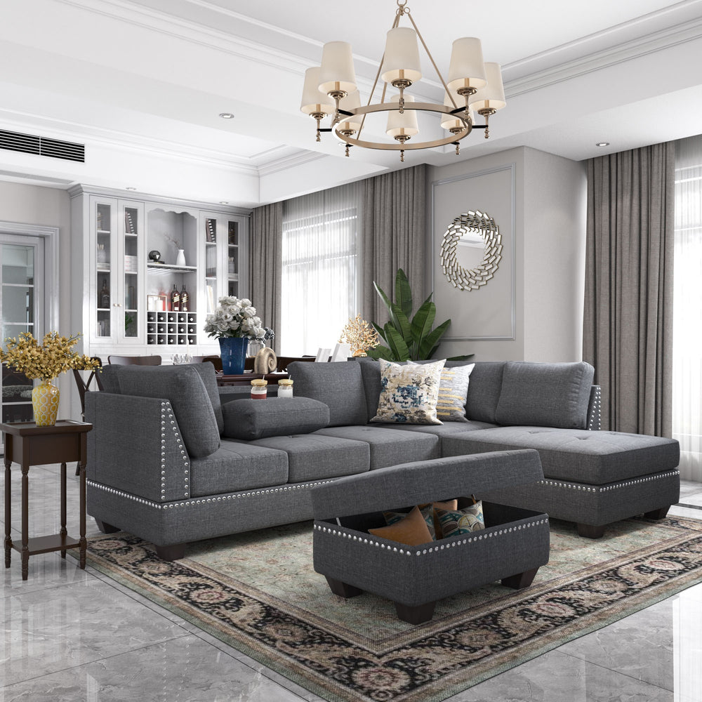 Cozy Gray Reversible Sectional Sofa with Storage Ottoman