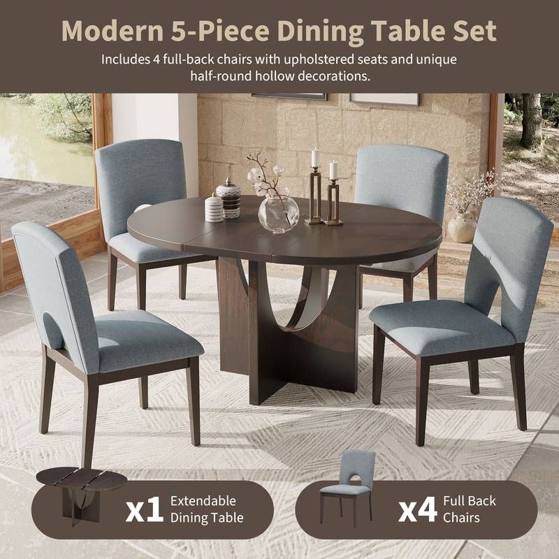 Cozy Expandable Dining Set with Removable Leaf in Espresso and Gray