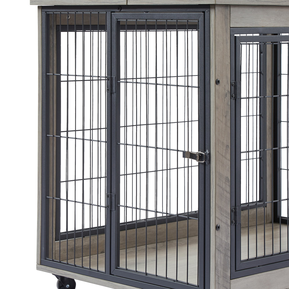 Chic Mobile Dog Crate Table with Double Doors and Lift Top in Grey