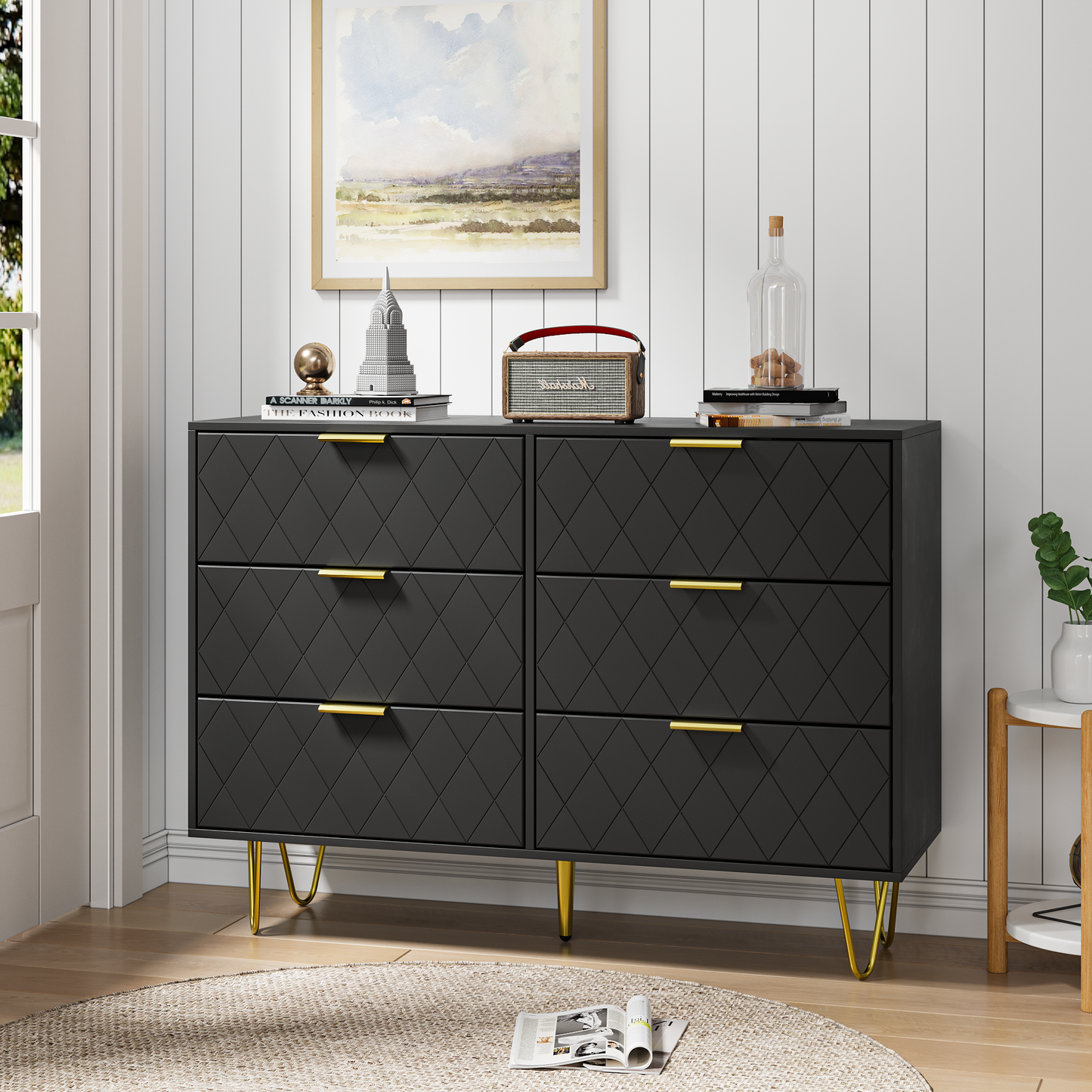 Sleek Black 6-Drawer Dresser with Gold Accents