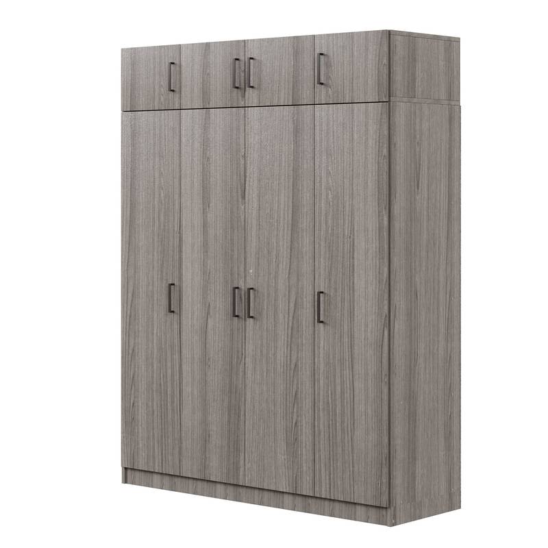 Stylish Gray Four-Door Wardrobe with Drawer and Cabinet