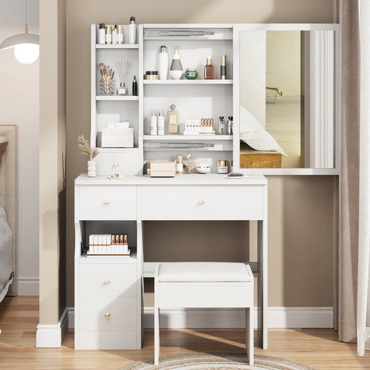 Chic Compact Vanity with Sliding Mirror & Cozy Stool