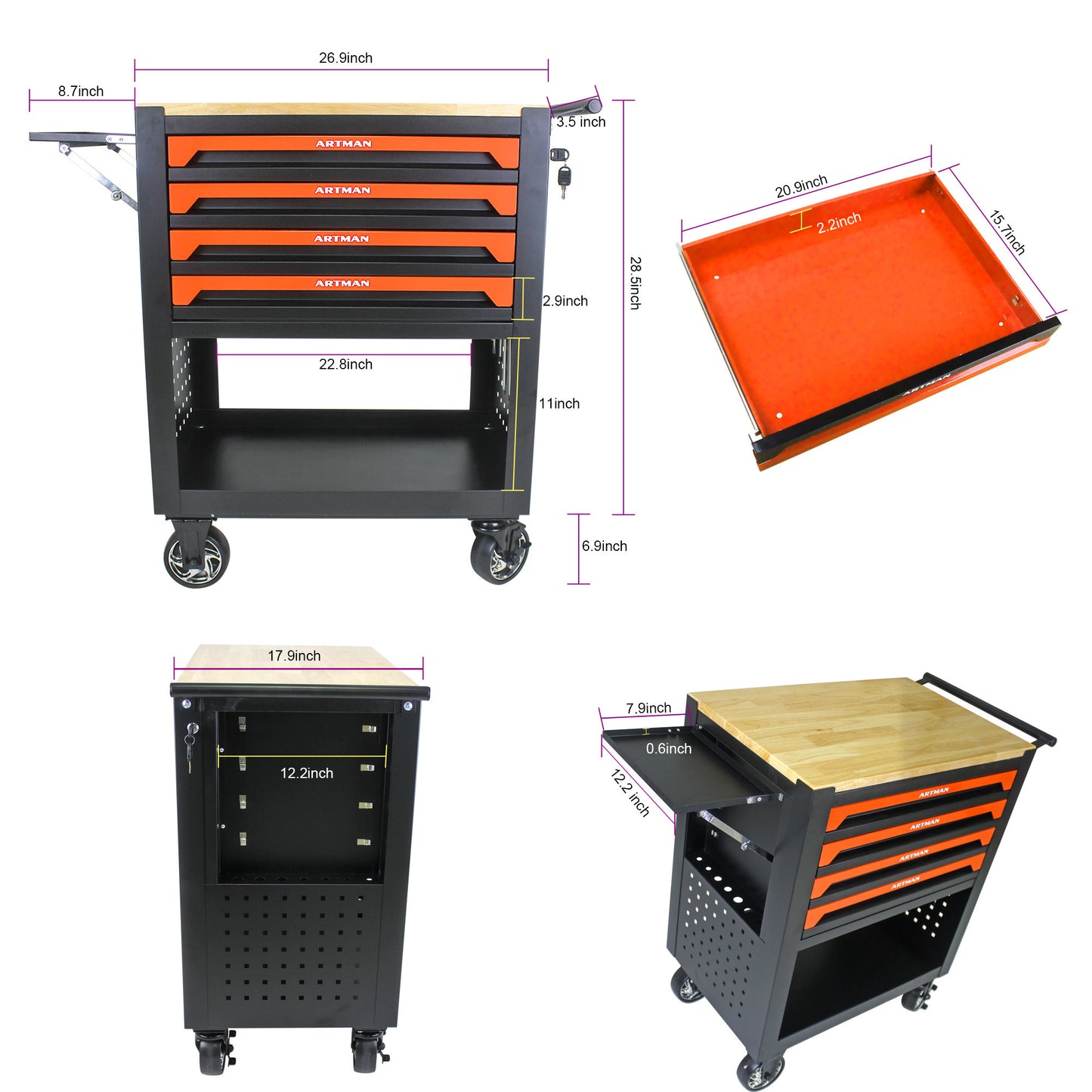 Orange Multi-Use Tool Cart with Wheels and Wooden Top