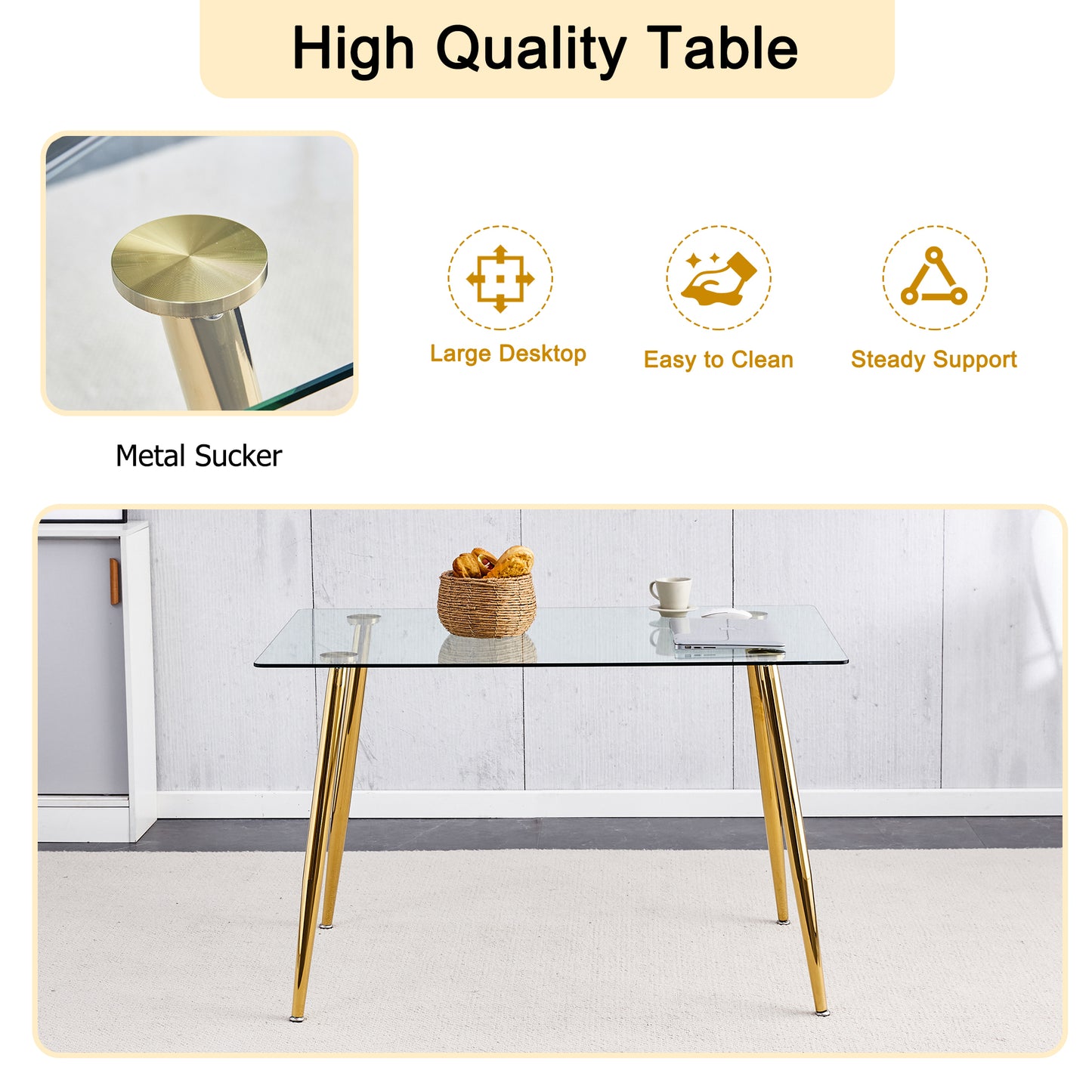 Sleek Glass Dining Table with Gold Legs