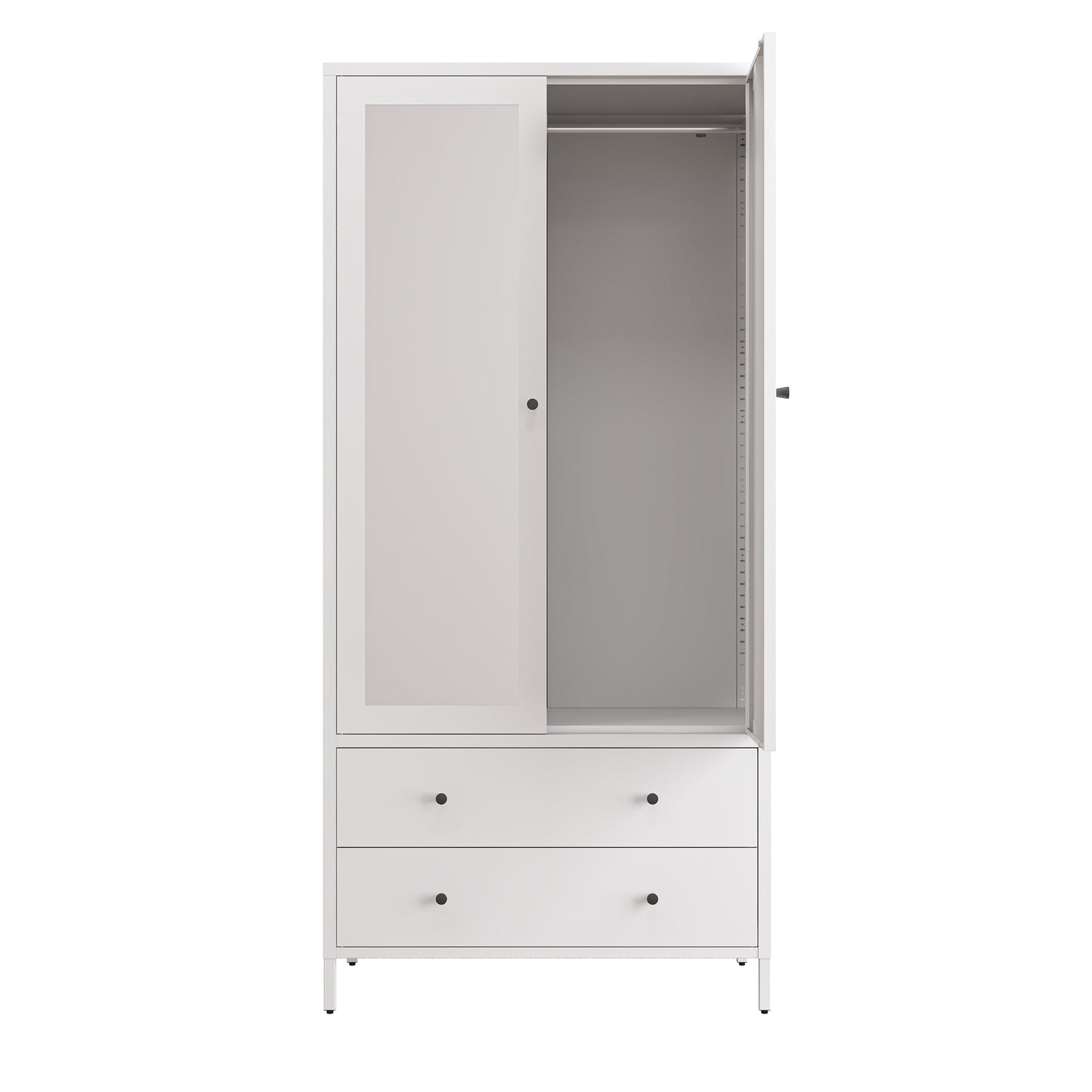 Chic White Metal Wardrobe with Mirror and Drawers