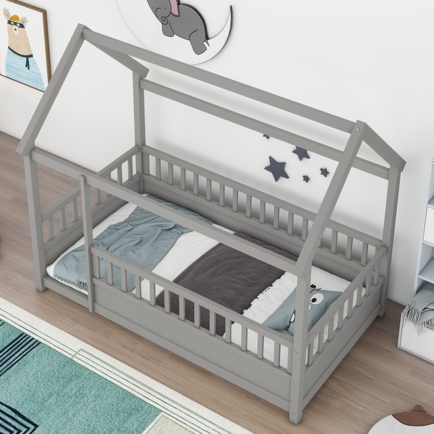 Cozy House-Style Twin Bed with Fenced Guardrails