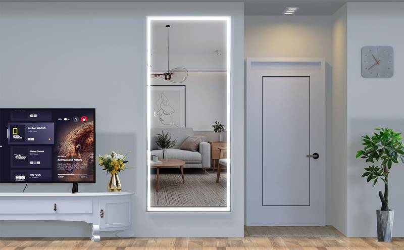 GlamGlow LED Bathroom Mirror: Illuminated Full-Body Reflection in Silver